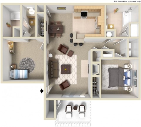 Floor plan for 2 beds, 2 baths, 966 sqft